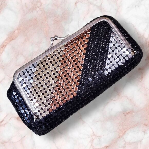 Vintage Bags by Marlo Metal Mesh Kisslock Clutch Black Copper Silver Retro - Picture 2 of 10